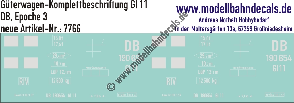 "Nass-Schiebebilder: Güterwagen-Komplettbeschriftung Gl 11, DB, Epoche 3. Artikel-Nummer: 7766"