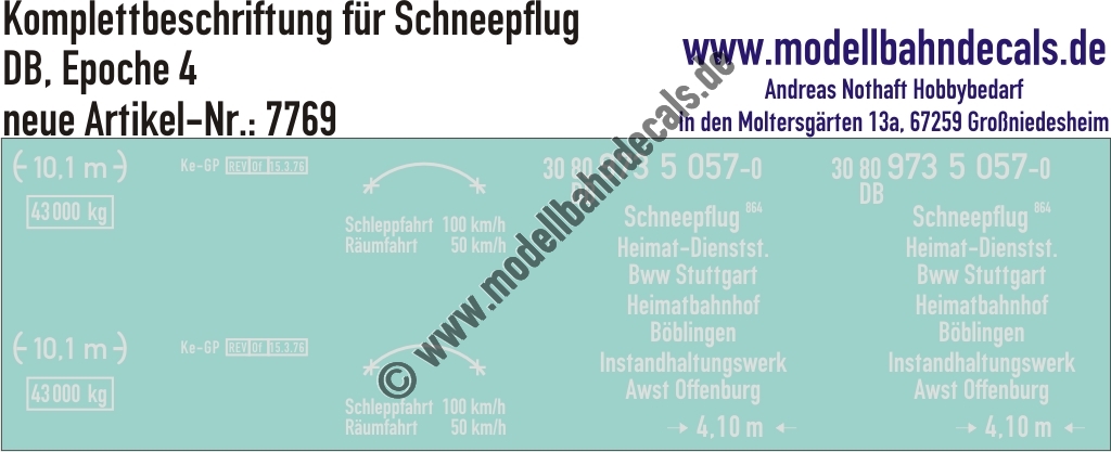 "Nass-Schiebebilder: Komplettbeschriftung für Schneepflug 864, DB, Epoche 4. Artikel-Nummer: 7769"