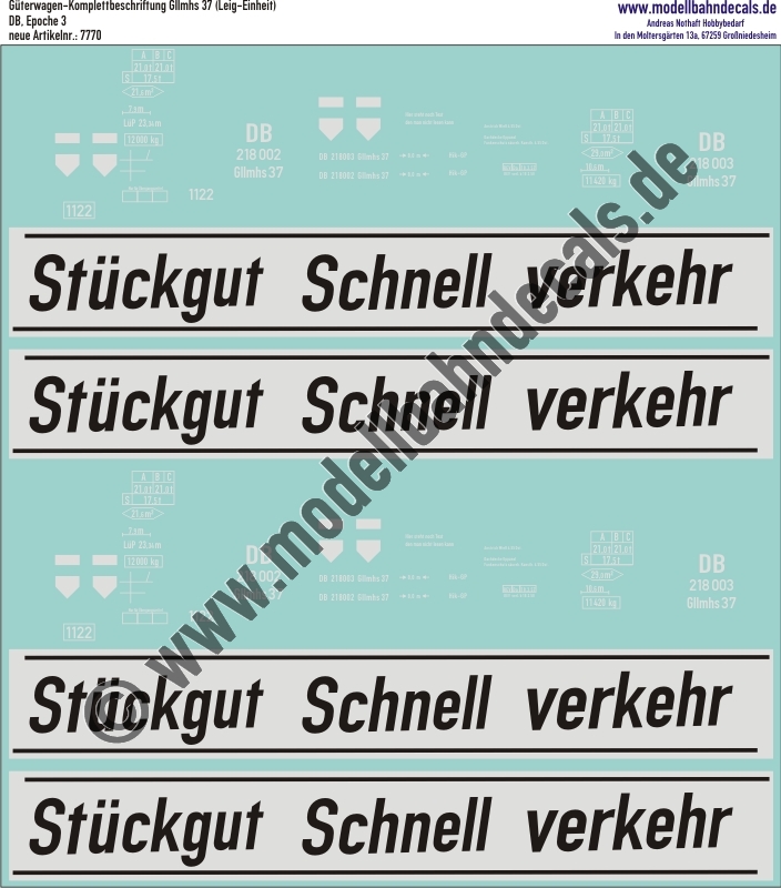 "Nass-Schiebebilder: Güterwagen-Komplettbeschriftung Gllmhs 37, DB, Epoche 3 (Stückgut-Schnell-Verkehr). Artikel-Nummer: 7770"