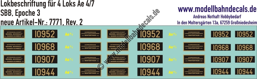 Nass-Schiebebilder: Lokbeschriftung für 4 Loks Ae 4/7, SBB, Epoche 3. Artikel-Nummer: 7771