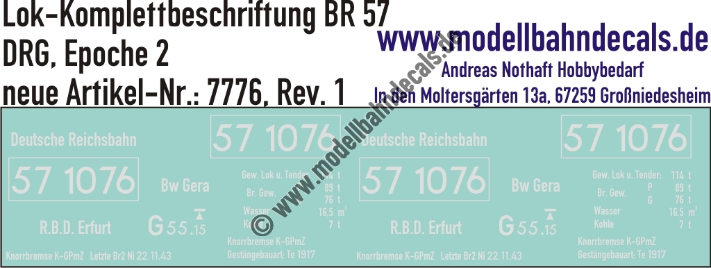 "Nass-Schiebebilder: Lok-Komplettbeschriftung für BR 57, DRG, Epoche 2. Artikel-Nummer: 7776"