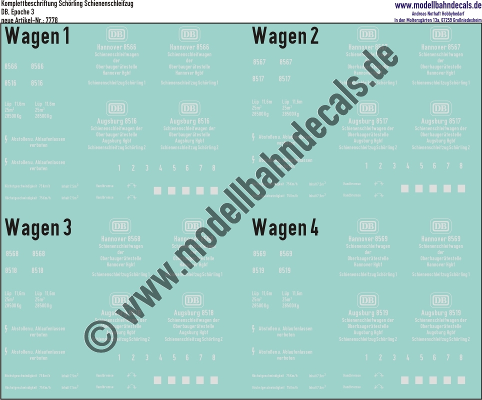 Nass-Schiebebilder: Komplettbeschriftung für 4 Wagen des Schörling-Schienenschleifzuges, DB, Eoche 3, Artikel-Nummer: 7778