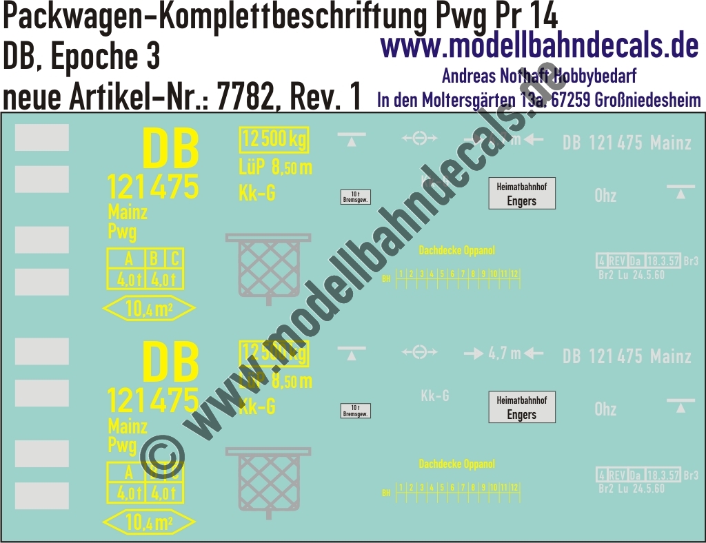 "Nass-Schiebebilder: Güterzugbegleitwagen-Komplettbeschriftung Pwg Pr 14, DB, Epoche 3. Artikel-Nummer: 7782"