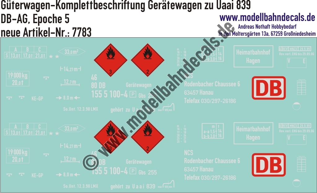 "Nass-Schiebebilder: Güterwagen-Komplettbeschriftung Gerätewagen zu Uaai 819, DB-AG, Epoche 5. Artikel-Nummer: 7783"