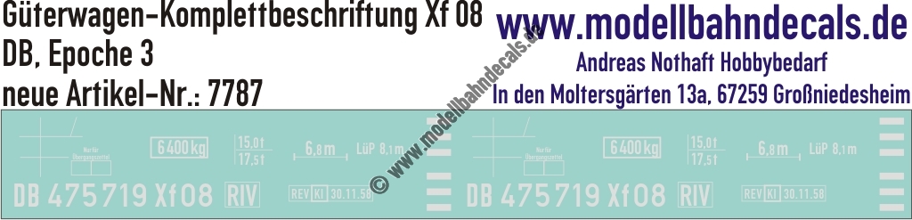 "Nass-Schiebebilder: Güterwagen-Komplettbeschriftung für Xf 08, DB, Epoche 3. Artikel-Nummer: 7787"