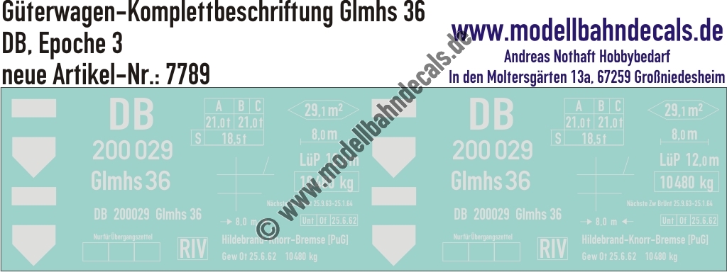 "Nass-Schiebebilder: Güterwagen-Komplettbeschriftung für Glmhs 36, DB, Epoche 3. Artikel-Nummer: 7789"