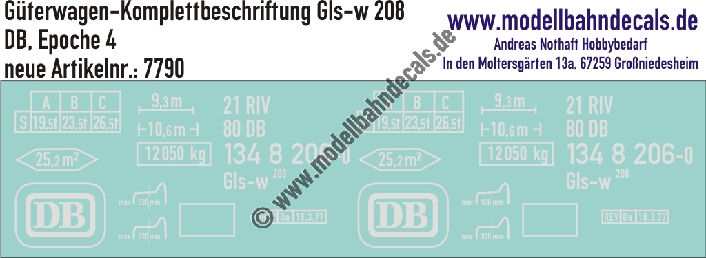 "Nass-Schiebebilder: Güterwagen-Komplettbeschriftung Gls-w 208, DB, Epoche 4. Artikel-Nummer: 7790"