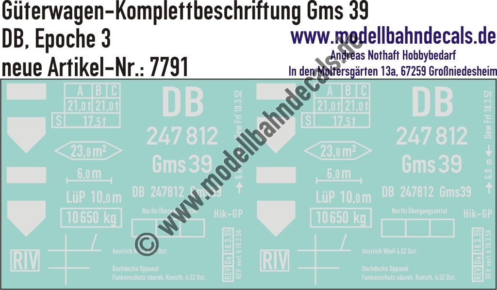 "Nass-Schiebebilder: Güterwagen-Komplettbeschriftung für Gms 39, DB, Epoche 3. Artikel-Nummer: 7791"