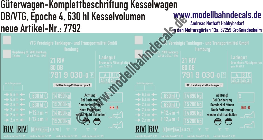 "Nass-Schiebebilder: Güterwagen-Komplettbeschriftung für Kesselwagen 630 hl, DB/VTG, Epoche 4. Artikel-Nummer: 7792"