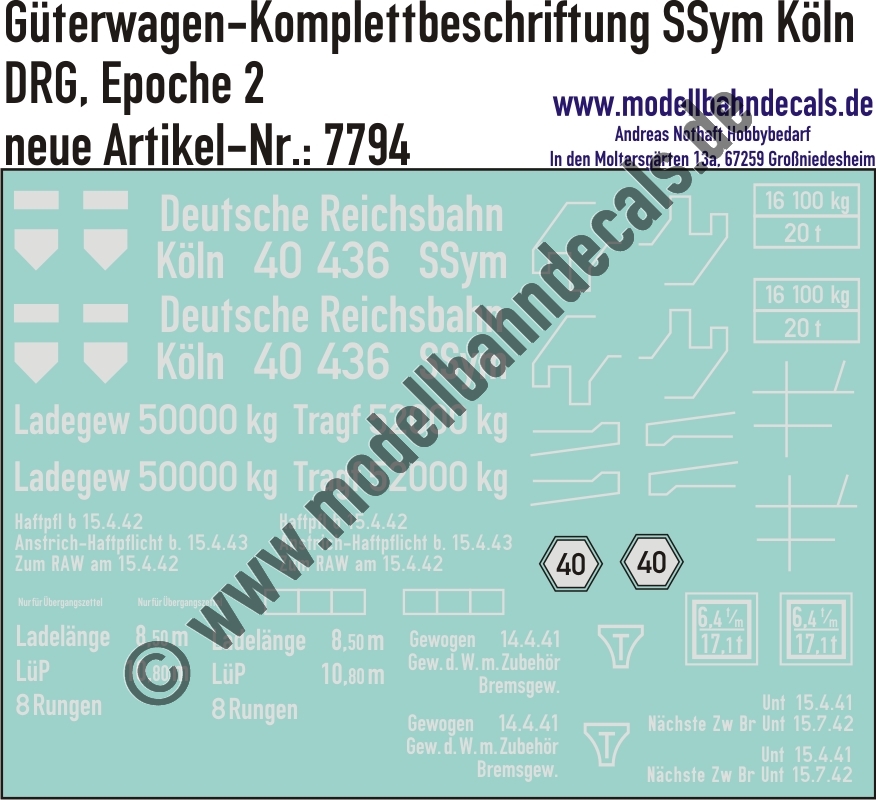 "Nass-Schiebebilder: Güterwagen-Komplettbeschriftung für SSym Köln, DRG, Epoche 2. Artikel-Nummer: 7794"