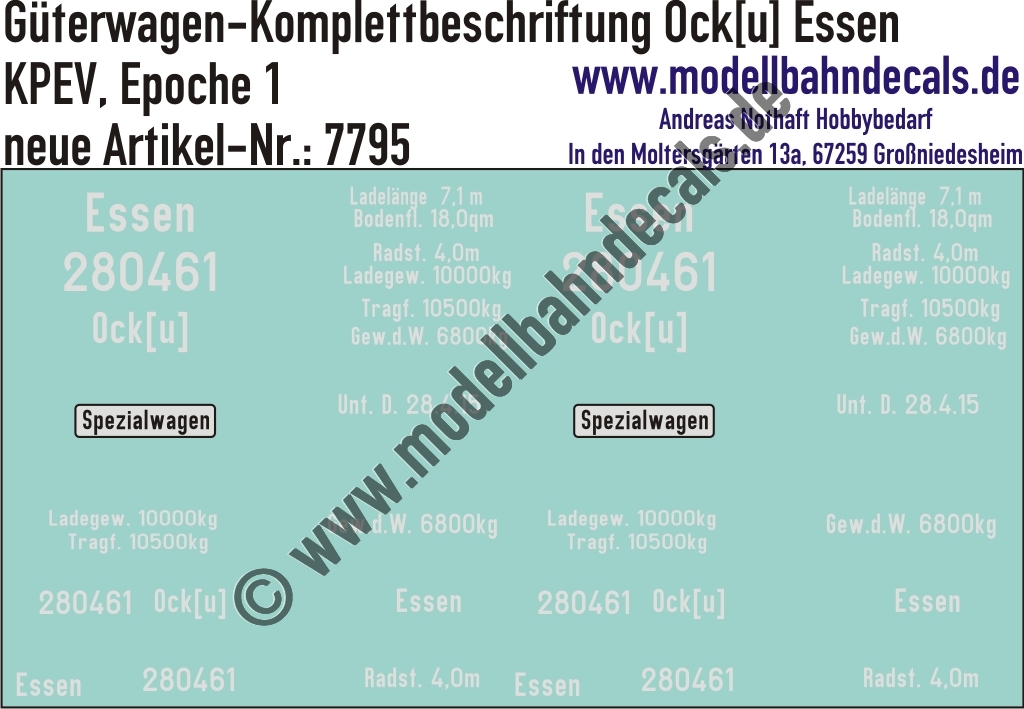 Nass-Schiebebilder: Güterwagen-Komplettbeschriftung für Ock[u] Essen, KPEV, Epoche 2. Artikel-Nummer: 7795