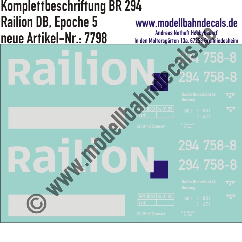 "Nass-Schiebebilder: Lok-Komplettbeschriftung für BR 294, Railion (DB), Epoche 5. Artikel-Nummer: 7798"