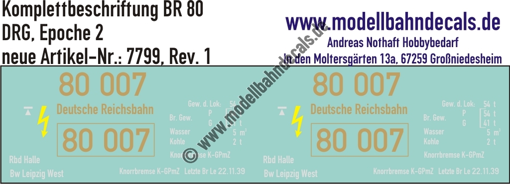 "Nass-Schiebebilder: Lok-Komplettbeschriftung für BR 80, DRG, Epoche 2 . Artikel-Nummer: 7799"
