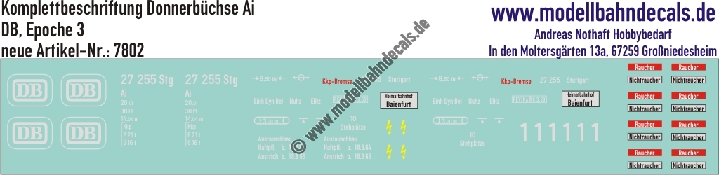 "Nass-Schiebebilder: Personenwagen-Komplettbeschriftung für Donnerbüchse Ai, DB, Epoche 3. Artikel-Nummer: 7802"