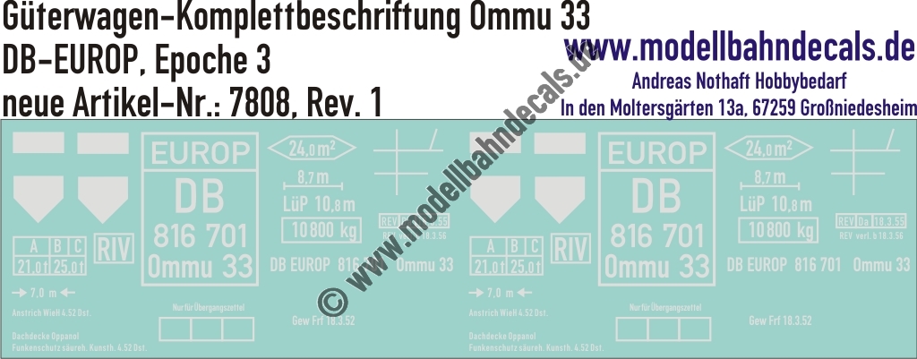 "Nass-Schiebebilder: Güterwagen-Komplettbeschriftung Ommu 33, DB-EUROP, Epoche 3. Artikel-Nummer: 7808"