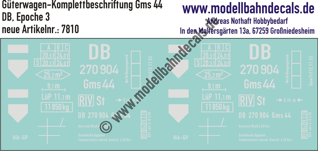 "Nass-Schiebebilder: Güterwagen-Komplettbeschriftung Gms 44, DB, Epoche 3. Artikel-Nummer: 7810"