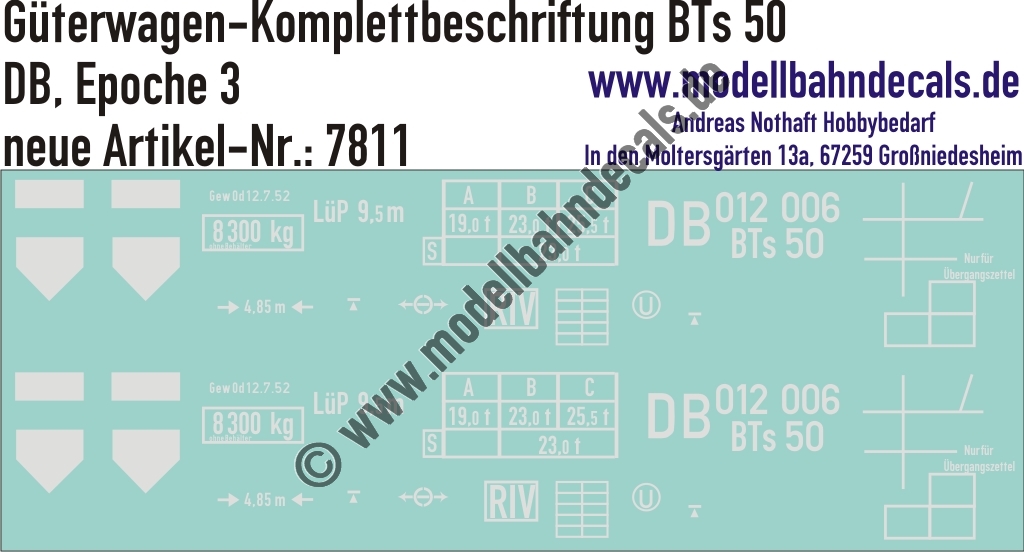 "Nass-Schiebebilder: Güterwagen-Komplettbeschriftung BTs 50, DB, Epoche 3. Artikel-Nummer: 7811"