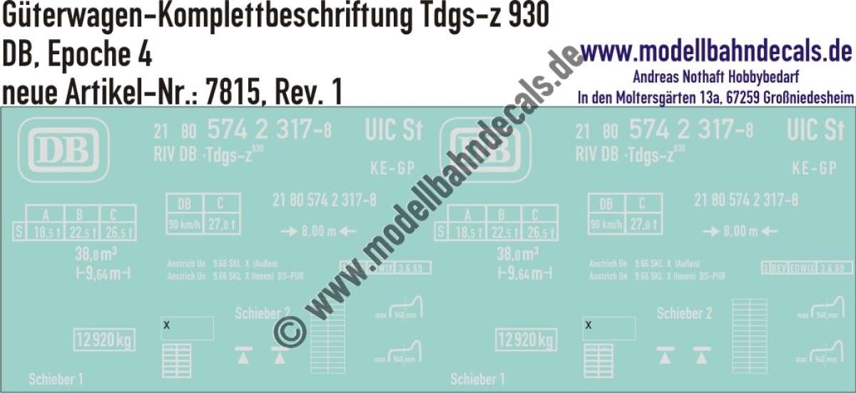 "Nass-Schiebebilder: Güterwagen-Komplettbeschriftung Tdgs-z 930, DB, Epoche 4. Artikel-Nummer: 7815"