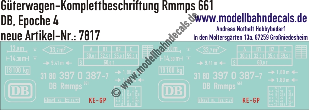 "Nass-Schiebebilder: Güterwagen-Komplettbeschriftung Rmmps 661, DB, Epoche 4. Artikel-Nummer: 7817"