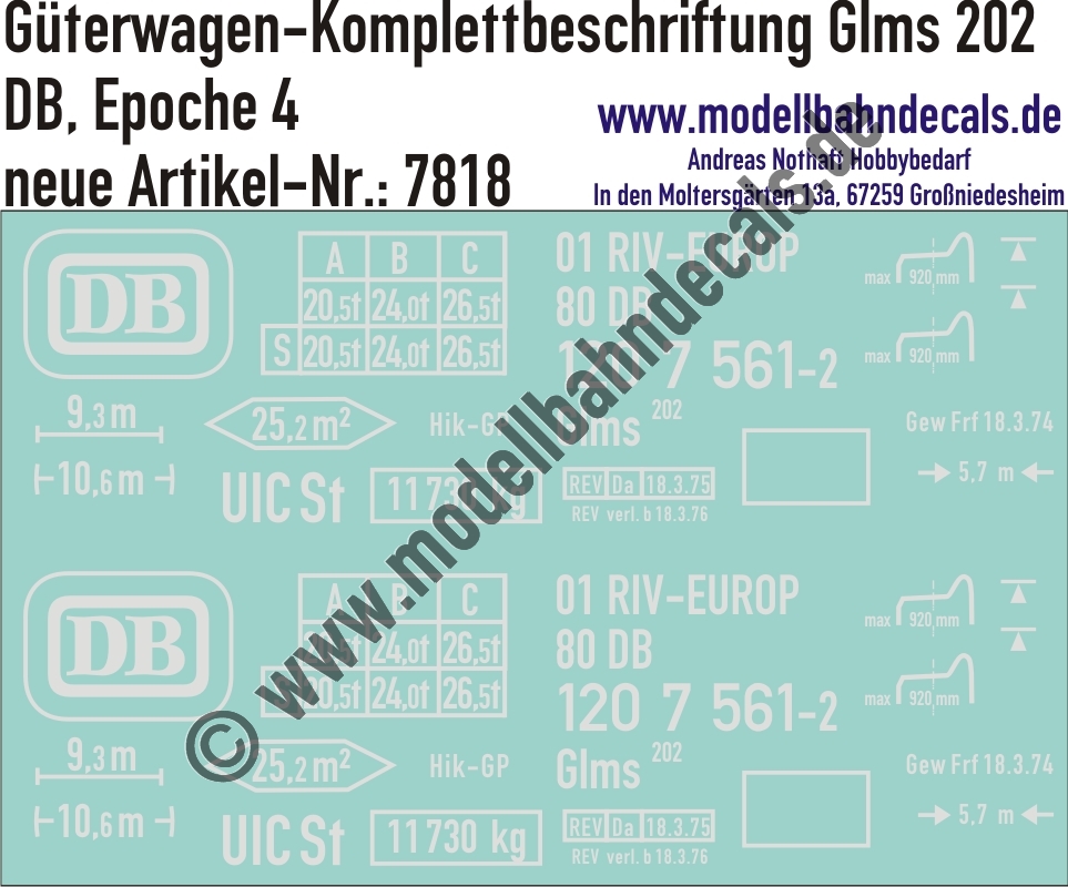 "Nass-Schiebebilder: Güterwagen-Komplettbeschriftung Glms 202, DB, Epoche 4. Artikel-Nummer: 7818"
