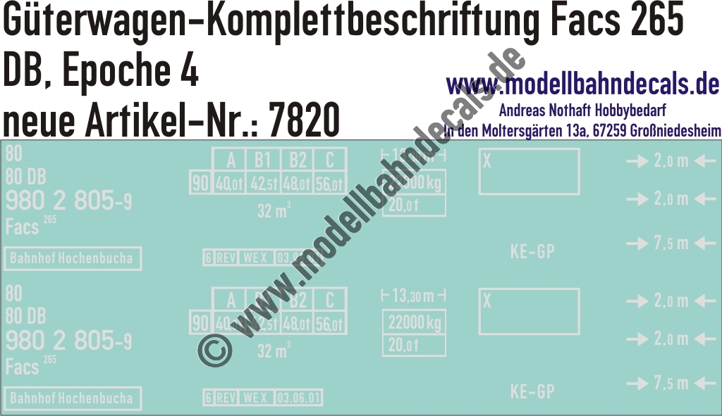 "Nass-Schiebebilder: Güterwagen-Komplettbeschriftung Facs 265, DB, Epoche 4. Artikel-Nummer: 7820"