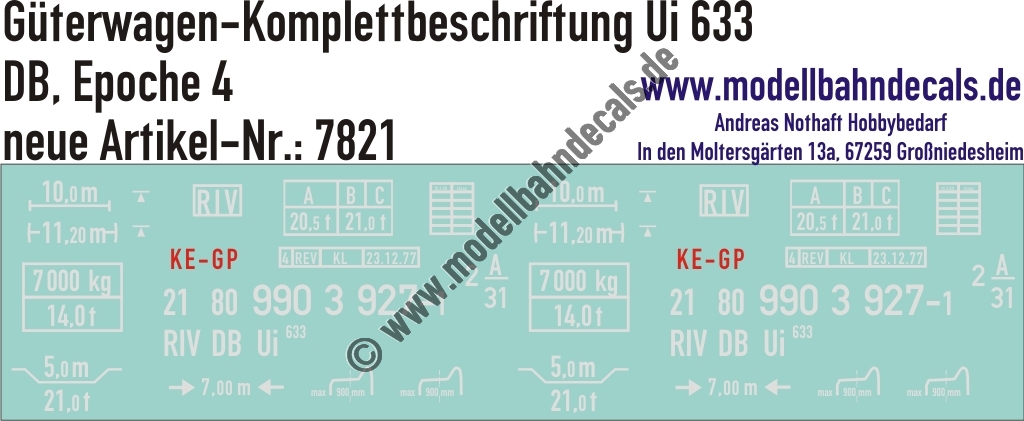 "Nass-Schiebebilder: Güterwagen-Komplettbeschriftung Ui 633, DB, Epoche 4. Artikel-Nummer: 7821"