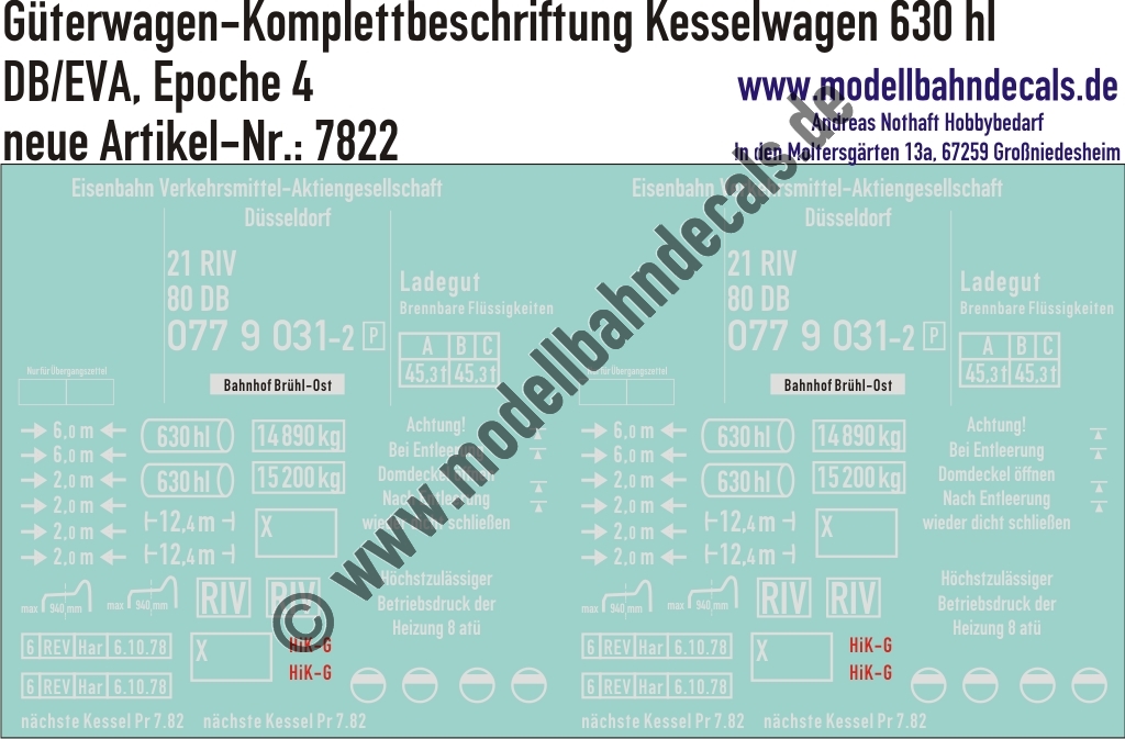 "Nass-Schiebebilder: Güterwagen-Komplettbeschriftung Kesselwagen 630 hl, DB/EVA, Epoche 4. Artikel-Nummer: 7822"