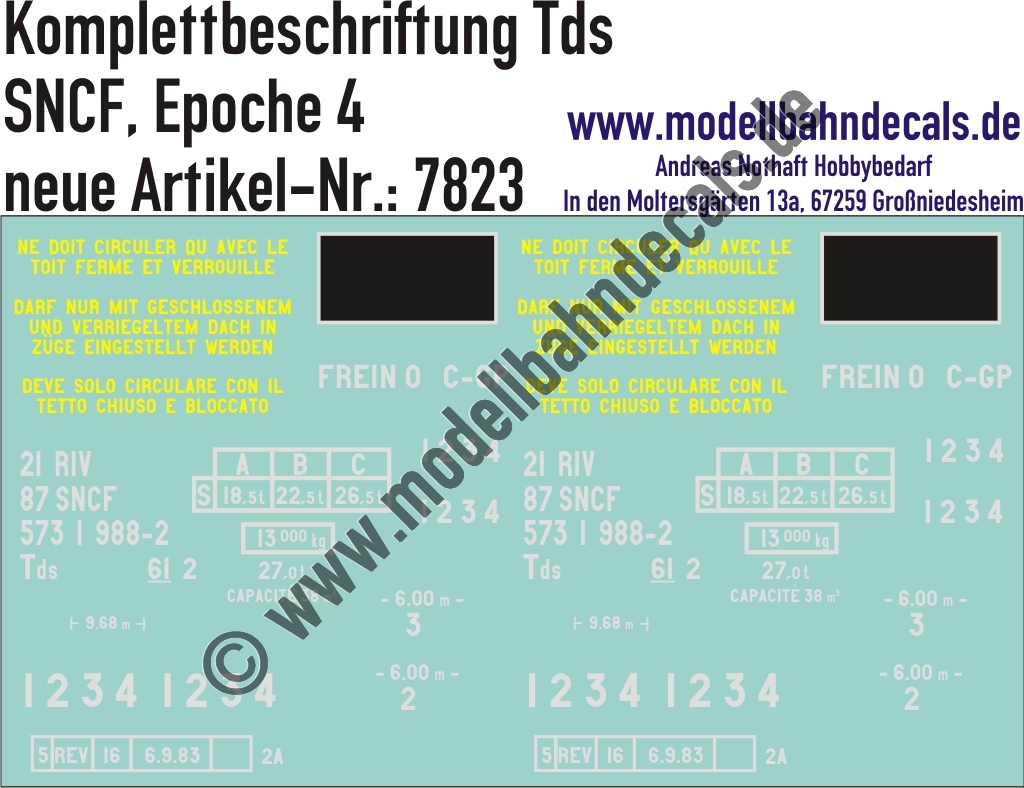 "Nass-Schiebebilder: Güterwagen-Komplettbeschriftung Tds, SNCF, Epoche 4. Artikel-Nummer: 7823"