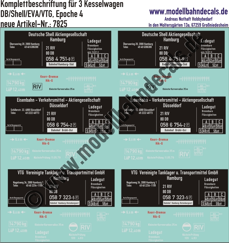 "Nass-Schiebebilder: 3 Güterwagen-Komplettbeschriftungen für Kesselwagen, DB/Shell/EVA/VTG, Epoche 4. Artikel-Nummer: 7825"