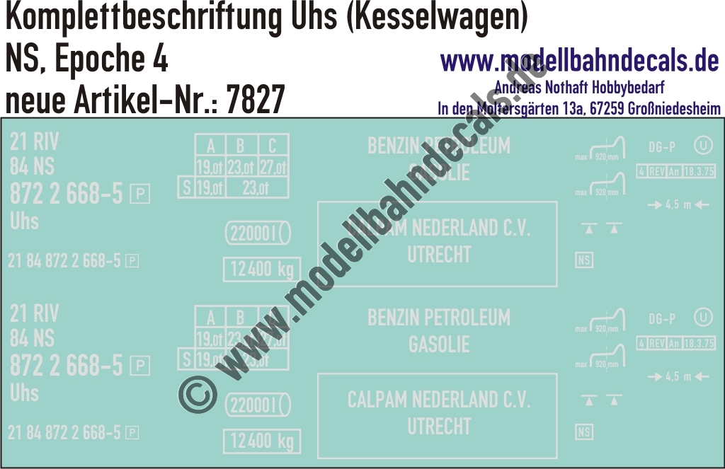 "Nass-Schiebebilder: Güterwagen-Komplettbeschriftung Uhs (Kesselwagen), NS, Epoche 4. Artikel-Nummer: 7827"