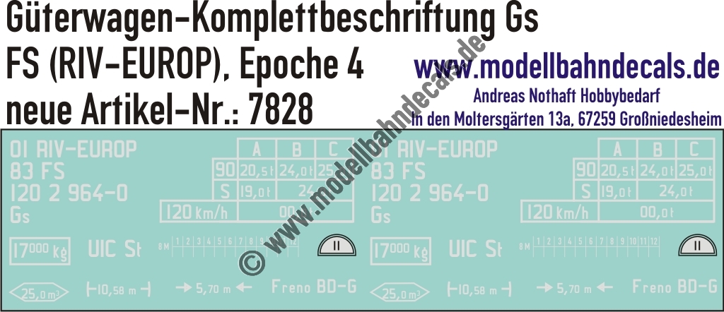 "Nass-Schiebebilder: Güterwagen-Komplettbeschriftung Gs, FS (RIV-EUROP), Epoche 4. Artikel-Nummer: 7828"