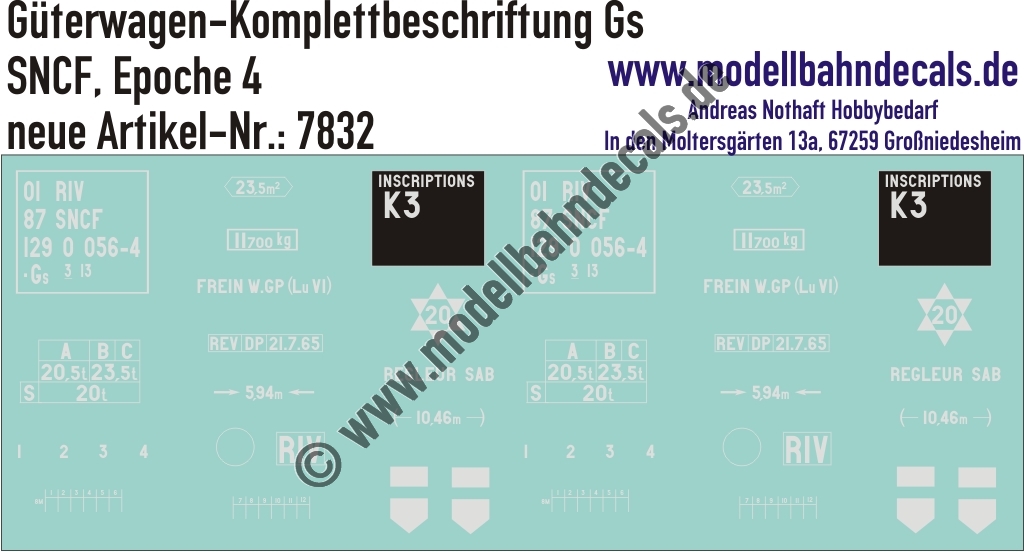 "Nass-Schiebebilder: Güterwagen-Komplettbeschriftung Gs, SNCF, Epoche 4. Artikel-Nummer: 7832"
