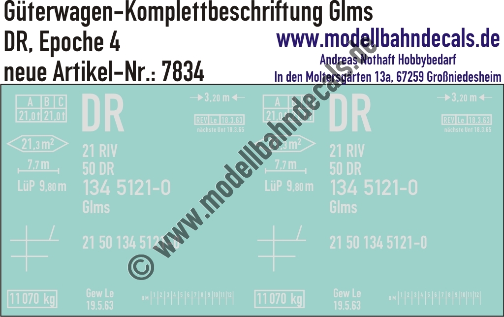 "Nass-Schiebebilder: Güterwagen-Komplettbeschriftung Glms, DR, Epoche 4. Artikel-Nummer: 7834"