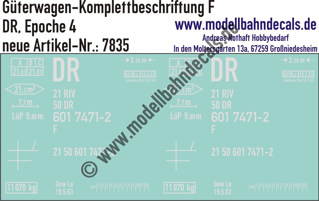 "Nass-Schiebebilder: Güterwagen-Komplettbeschriftung F, DR, Epoche 4. Artikel-Nummer: 7835"