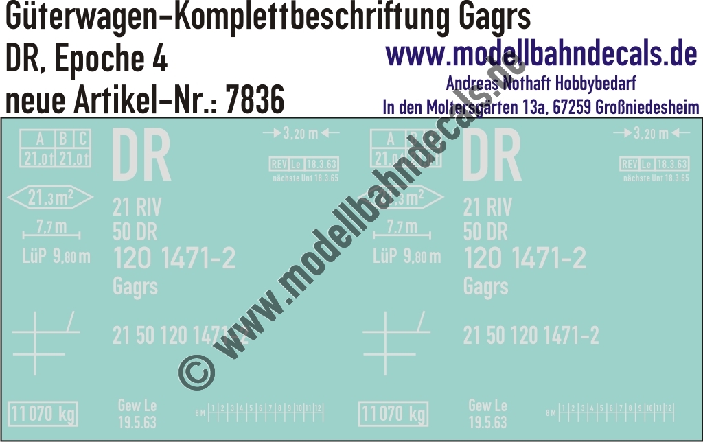 "Nass-Schiebebilder: Güterwagen-Komplettbeschriftung Gagrs, DR, Epoche 4. Artikel-Nummer: 7836"
