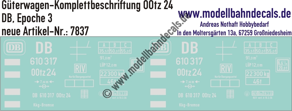 "Nass-Schiebebilder: Güterwagen-Komplettbeschriftung OOtz 24, DB, Epoche 3. Artikel-Nummer: 7837"