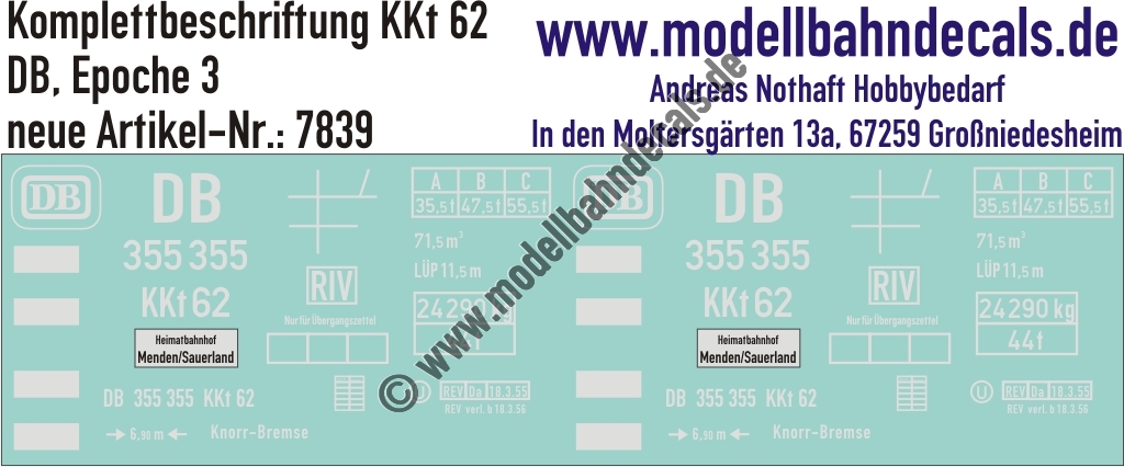 "Nass-Schiebebilder: Güterwagen-Komplettbeschriftung KKt 62, DB, Epoche 3. Artikel-Nummer: 7839"