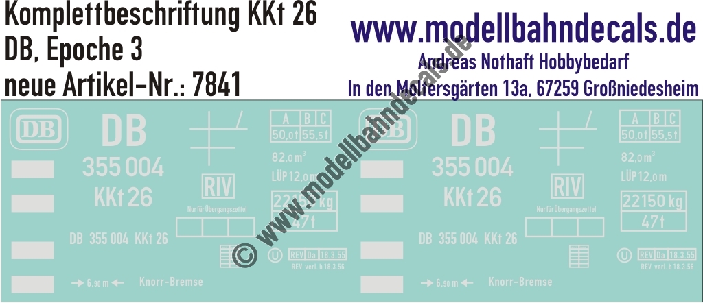 "Nass-Schiebebilder: Güterwagen-Komplettbeschriftung KKt 26, DB, Epoche 3. Artikel-Nummer: 7841"