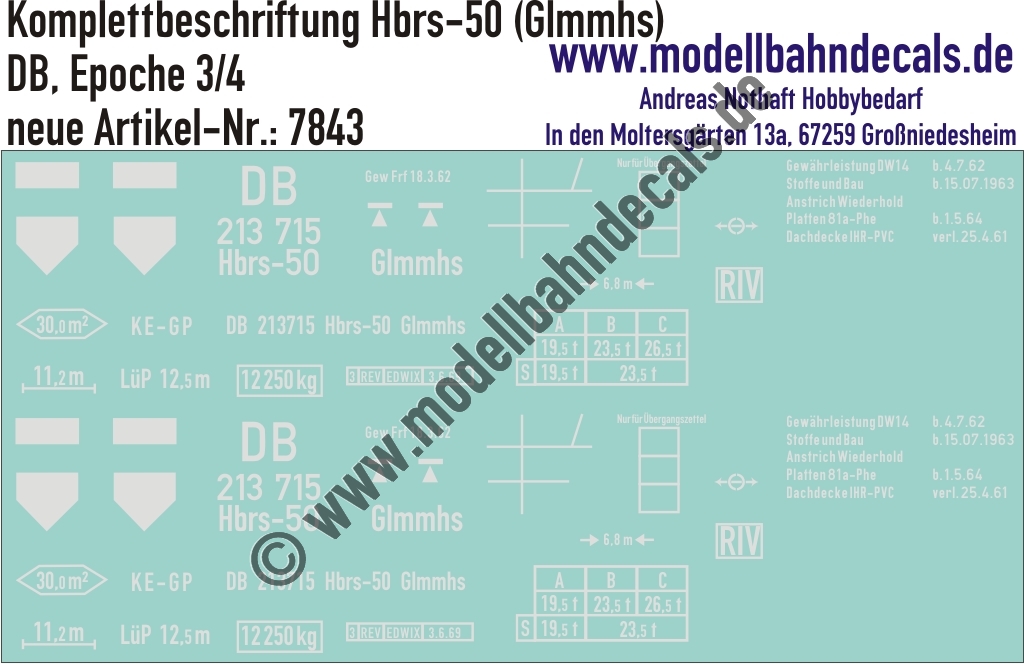 "Nass-Schiebebilder: Güterwagen-Komplettbeschriftung Hbrs-50 (Glmmhs), DB, Epoche 3-4. Artikel-Nummer: 7843"