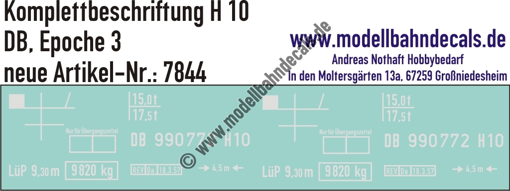 "Nass-Schiebebilder: Güterwagen-Komplettbeschriftung H 10, DB, Epoche 3. Artikel-Nummer: 7844"