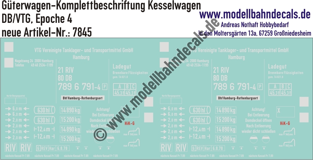 "Nass-Schiebebilder: Güterwagen-Komplettbeschriftung Kesselwagen 630 hl, DB/VTG, Epoche 4. Artikel-Nummer: 7845"