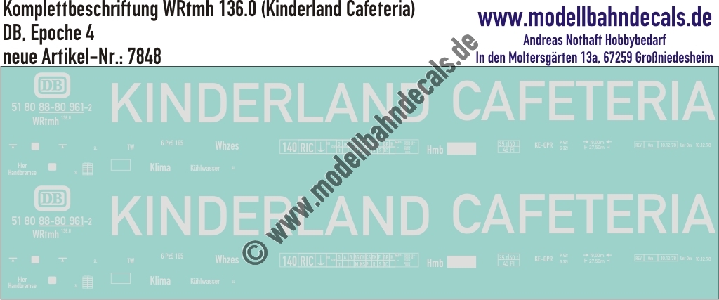 "Nass-Schiebebilder: Personenwagen-Komplettbeschriftung WRtmh 136.0 (Kinderland Cafeteria), DB, Epoche 4. Artikel-Nummer: 7848"