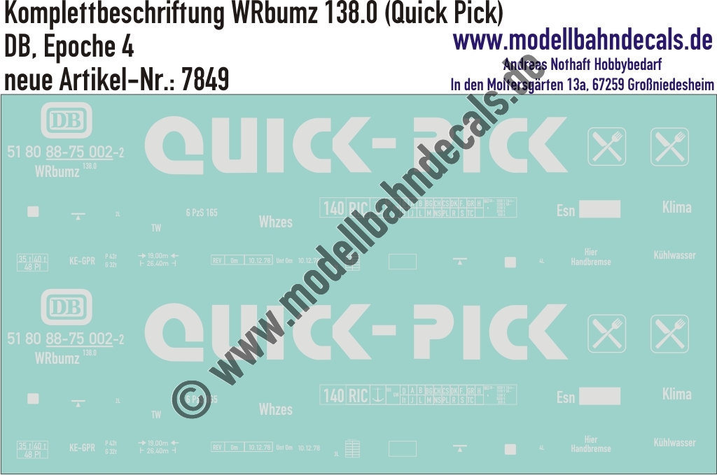 "Nass-Schiebebilder: Komplettbeschriftung WRbumz 138.0 (Quick Pick), DB, Epoche 4. Artikel-Nummer: 7849"