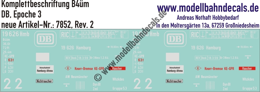 "Nass-Schiebebilder: Personenwagen-Komplettbeschriftung B4üm, DB, Epoche 3. Artikel-Nummer: 7852"