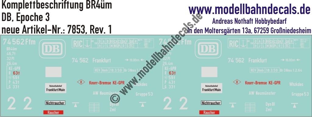 "Nass-Schiebebilder: Personenwagen-Komplettbeschriftung BR4üm, DB, Epoche 3. Artikel-Nummer: 7853"