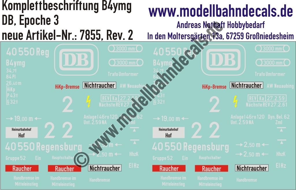 "Nass-Schiebebilder: Personenwagen-Komplettbeschriftung B4ymg, DB, Epoche 3. Artikel-Nummer: 7855"
