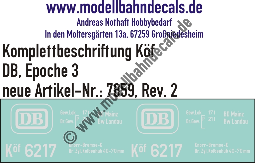 "Nass-Schiebebilder: Lok-Komplettbeschriftung Köf, DB, Epoche 3. Artikel-Nummer: 7859"