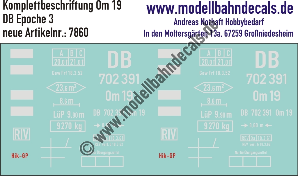 "Nass-Schiebebilder: Güterwagen-Komplettbeschriftung Om 19, DB, Epoche 3. Artikel-Nummer: 7860"