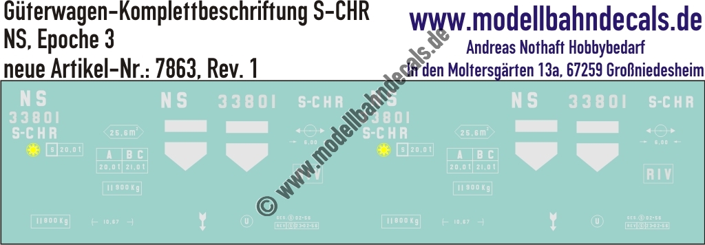 "Nass-Schiebebilder: Güterwagen-Komplettbeschriftung S-CHR, NS, Epoche 3. Artikel-Nummer: 7863"