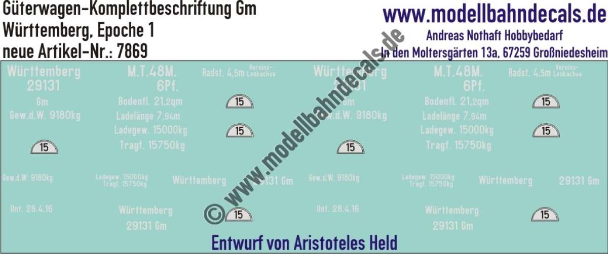 "Nass-Schiebebilder: Güterwagen-Komplettbeschriftung Gm, Württemberg, Epoche 1. Artikel-Nummer: 7869"